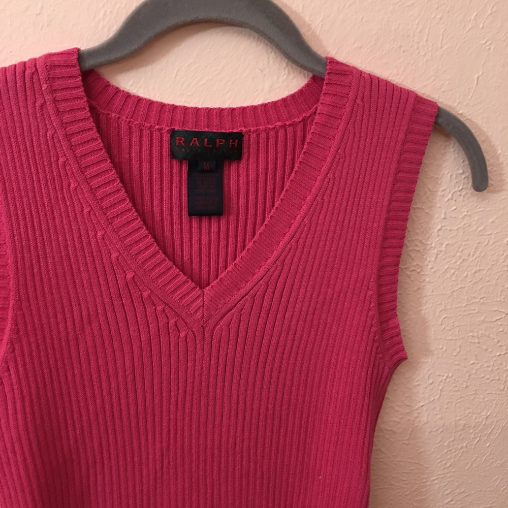 VTG 90 Ralph Lauren Pink Ribbed V Neck Sweater Vest Sleeveless Cropped Cotton